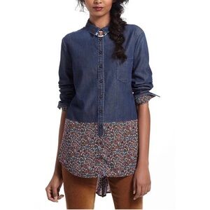 Anthropologie Postage Stamp chambray floral denim button down shirt longsleeve 4